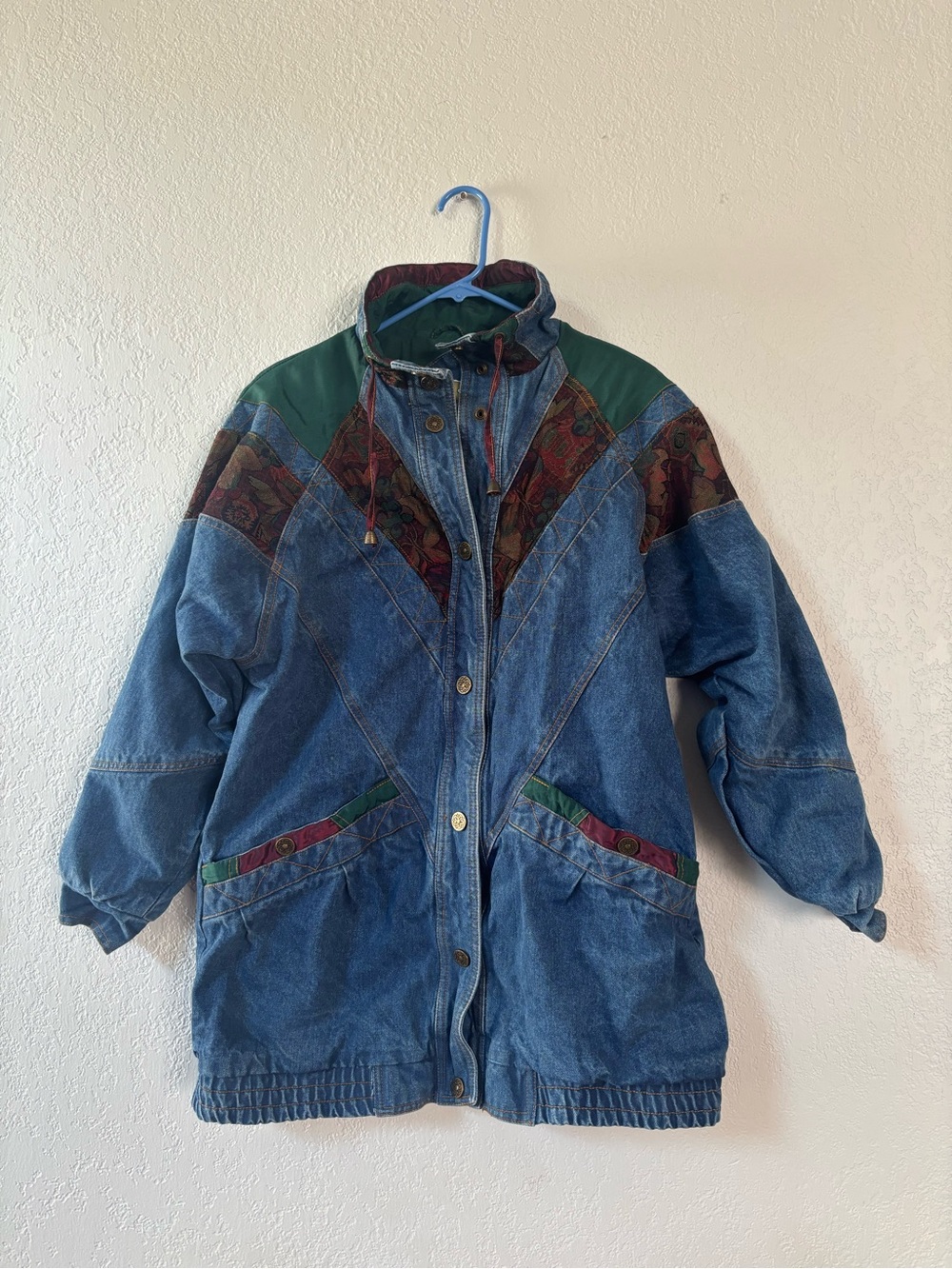Blue Denim Jean Jacket with Green & Burgundy Accent Panels current seen